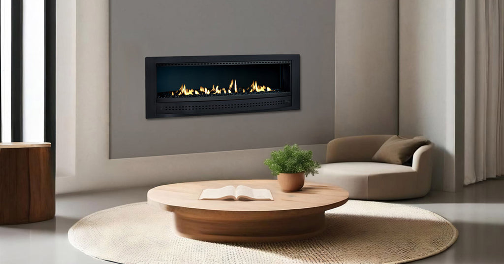 Contemporary Chad-O-Chef fireplace with black frame and modern design, featuring a sleek fire display and clean lines.
