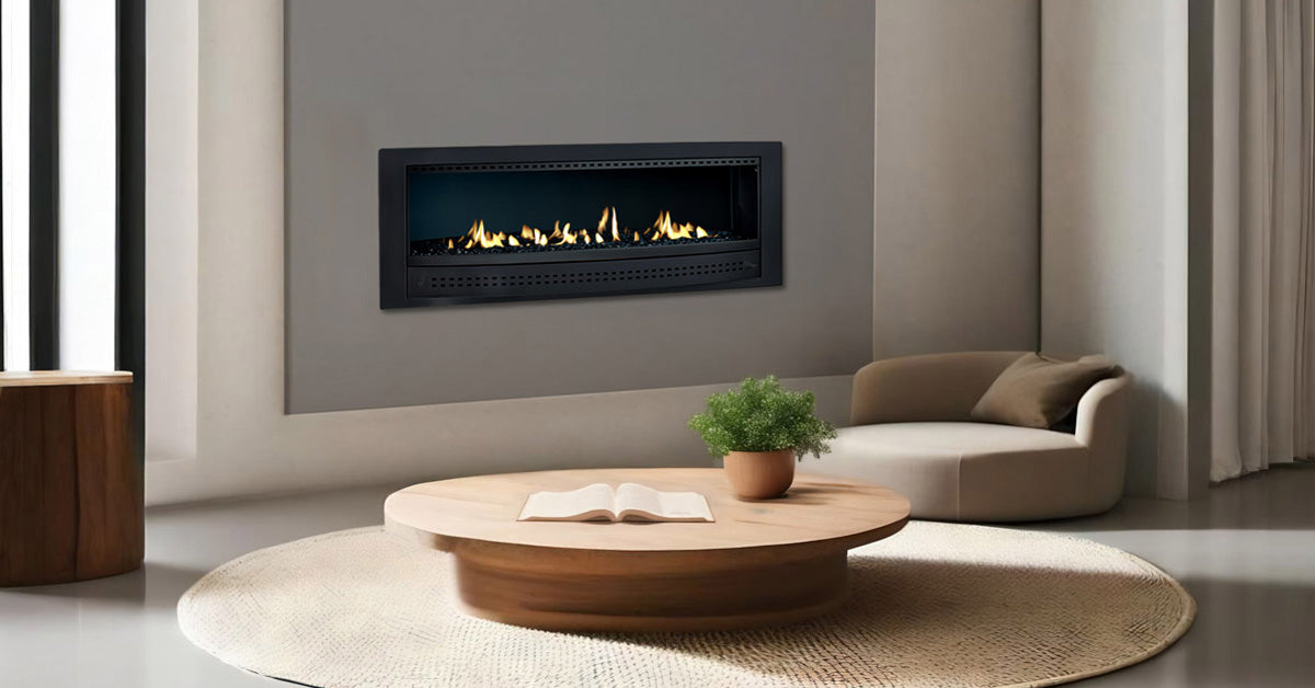 Contemporary Chad-O-Chef fireplace with black frame and modern design, featuring a sleek fire display and clean lines.