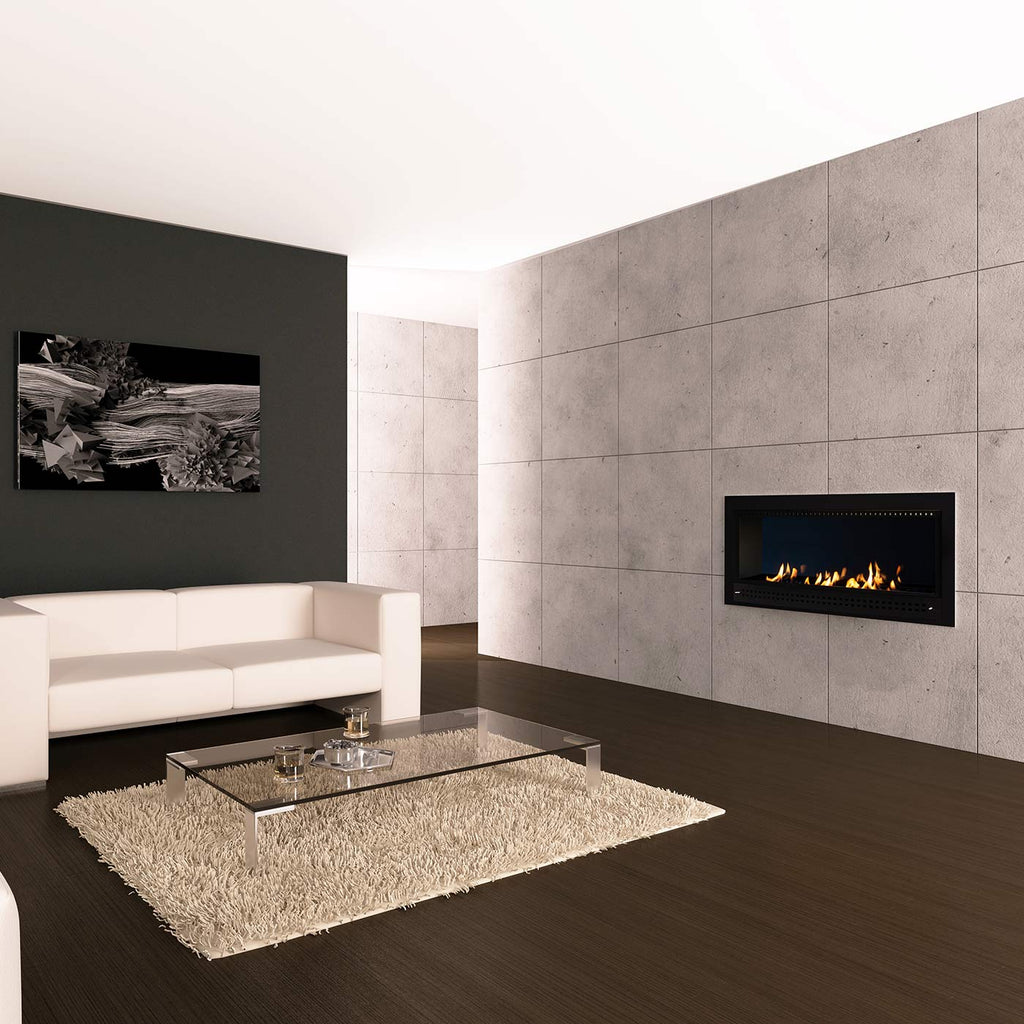 Black-framed contemporary fireplace by Chad-O-Chef with sleek design and modern look, set against a neutral background.