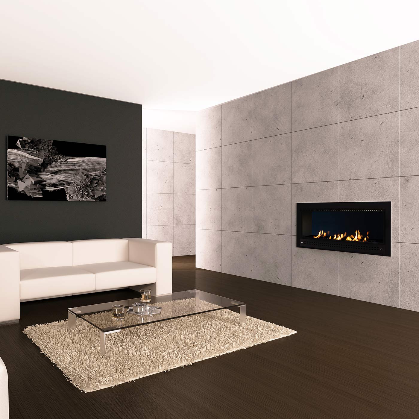 Black-framed contemporary fireplace by Chad-O-Chef with sleek design and modern look, set against a neutral background.