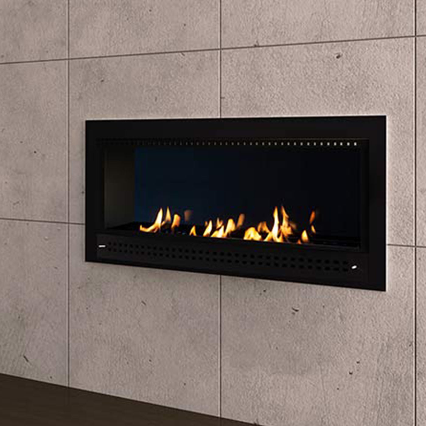 Close-up of Chad-O-Chef contemporary fireplace with a black frame and modern design, showcasing the sleek interior.
