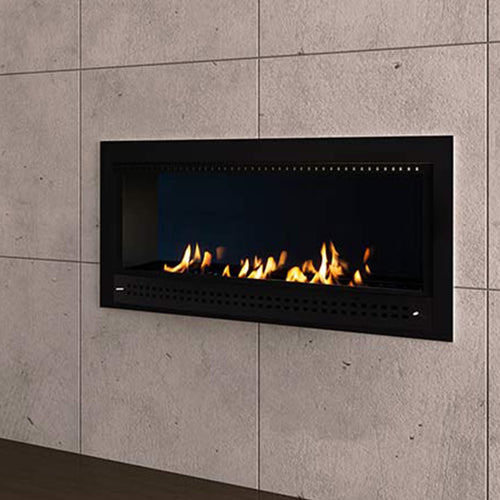 Close-up of Chad-O-Chef contemporary fireplace with a black frame and modern design, showcasing the sleek interior.