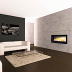 Black-framed Chad-O-Chef contemporary fireplace with a plain back, showcasing modern design and clean lines.