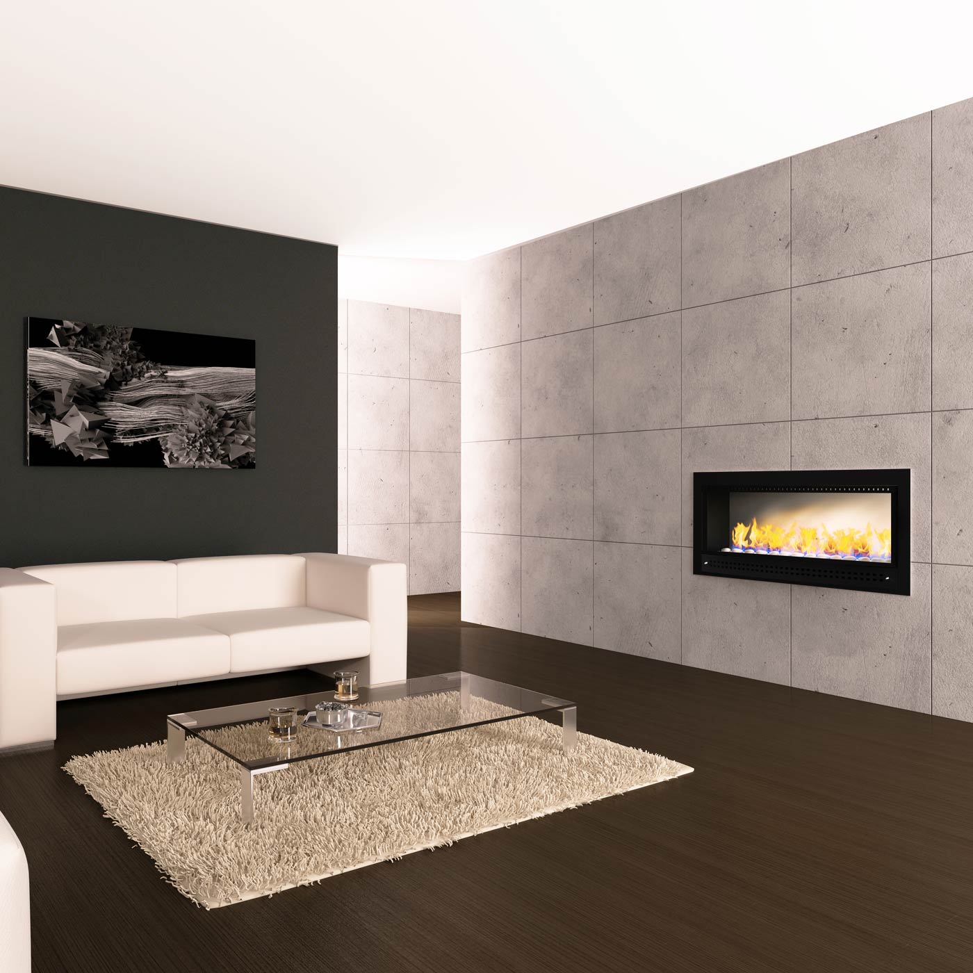 Black-framed Chad-O-Chef contemporary fireplace with a plain back, showcasing modern design and clean lines.