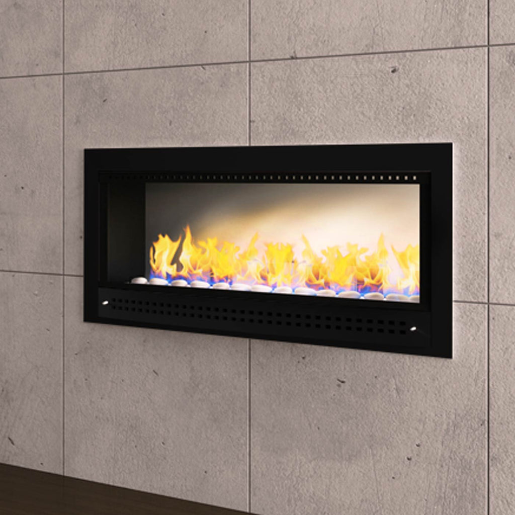 Close-up of Chad-O-Chef contemporary fireplace with a black frame and plain back, showcasing modern fireplace design.