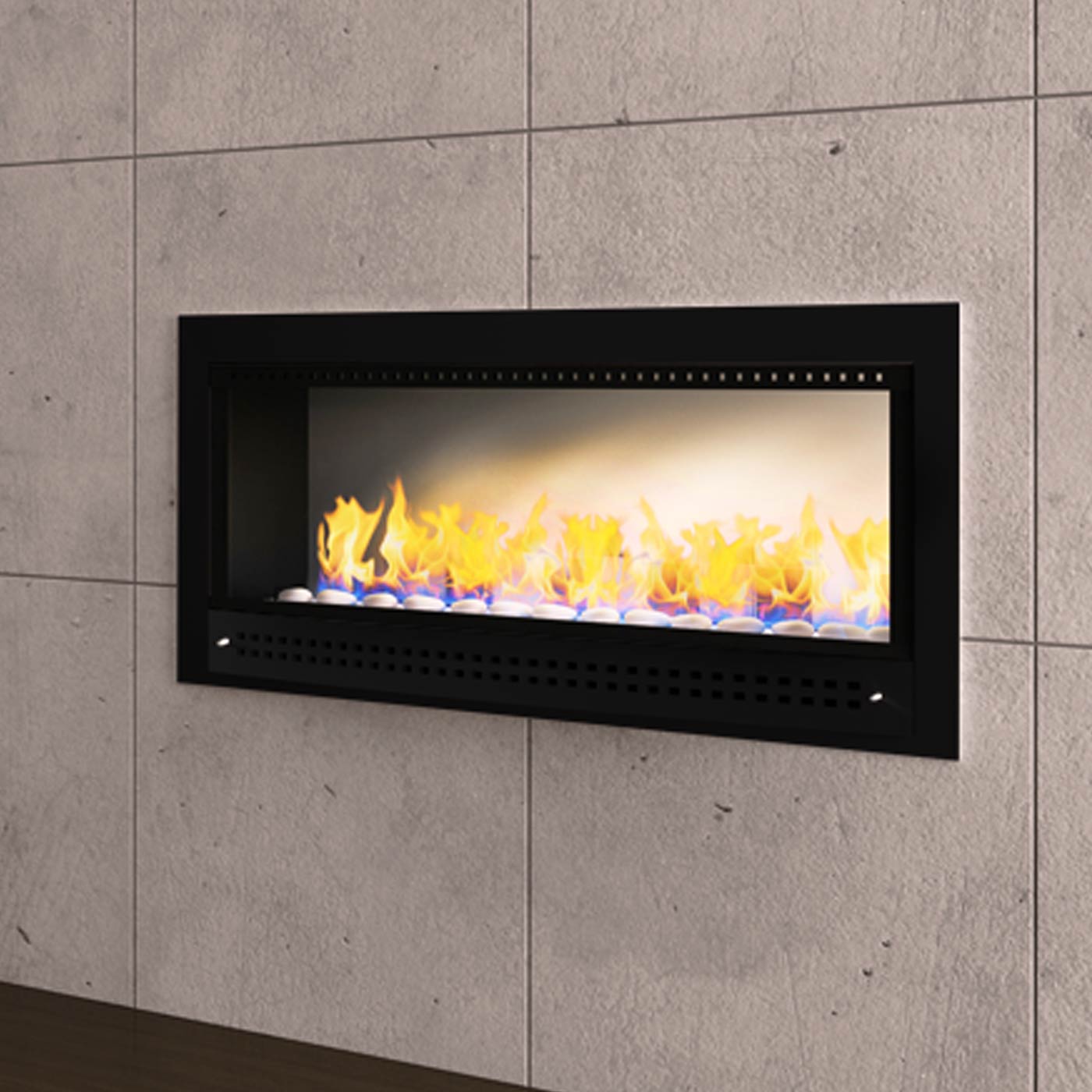 Close-up of Chad-O-Chef contemporary fireplace with a black frame and plain back, showcasing modern fireplace design.
