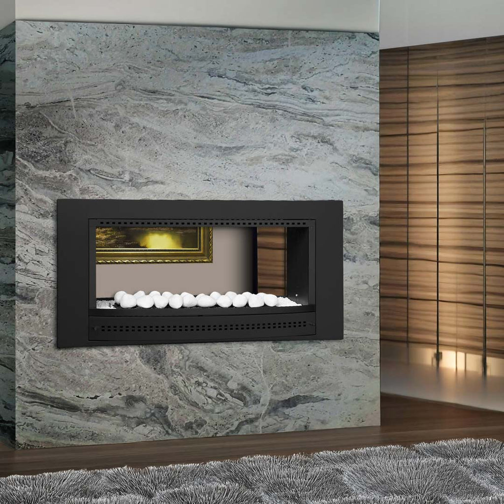 Double-sided Chad-O-Chef fireplace with black frame, showcasing modern design and open view of the fire from both sides.