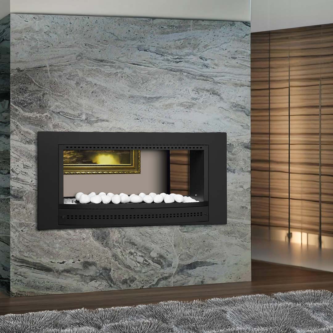 Double-sided Chad-O-Chef fireplace with black frame, showcasing modern design and open view of the fire from both sides.