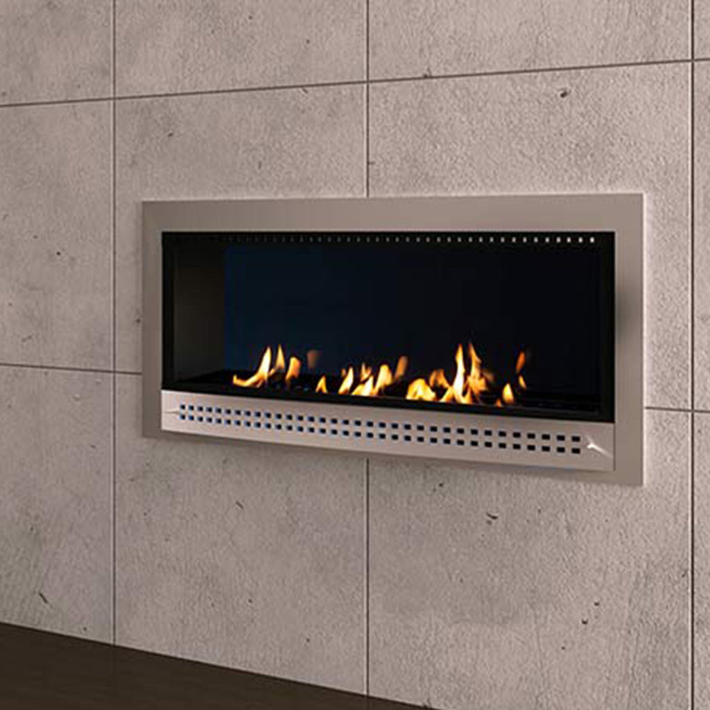 Close-up of Chad-O-Chef contemporary fireplace with stainless steel frame and MM back, showcasing modern design and sleek finish.