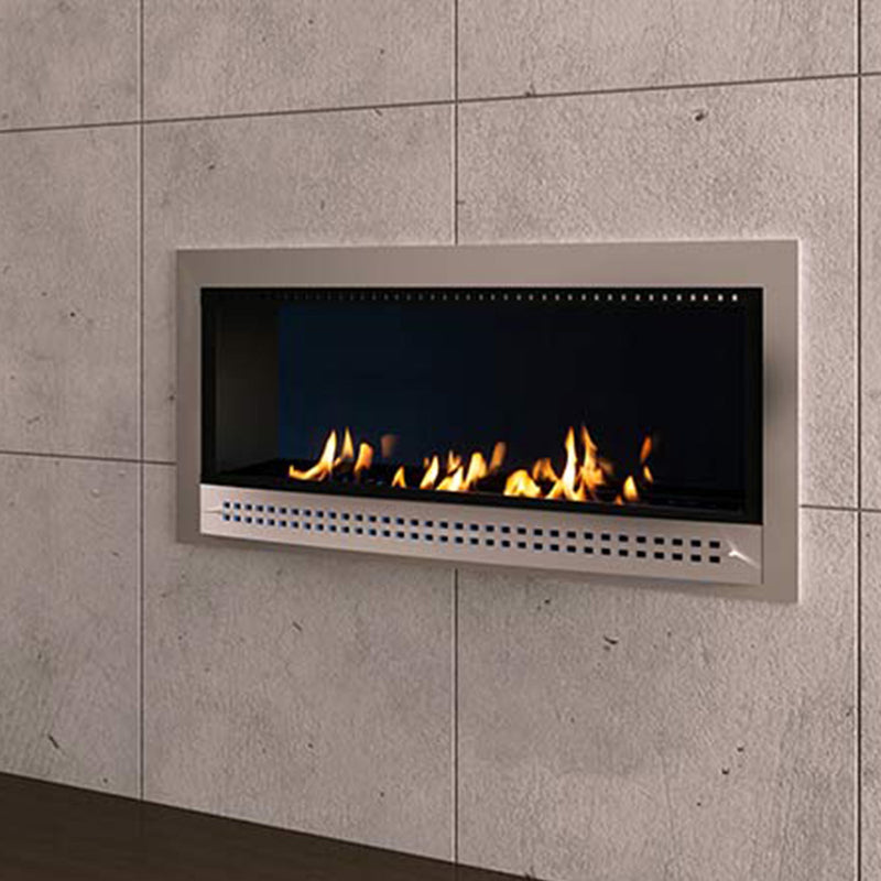 Close-up of Chad-O-Chef contemporary fireplace with stainless steel frame and MM back, showcasing modern design and sleek finish.