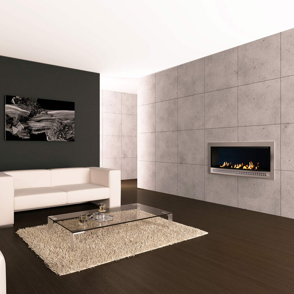 Contemporary Chad-O-Chef fireplace with stainless steel frame and modern design, featuring a sleek, minimalist look.
