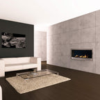 Contemporary Chad-O-Chef fireplace with stainless steel frame and modern design, featuring a sleek, minimalist look.