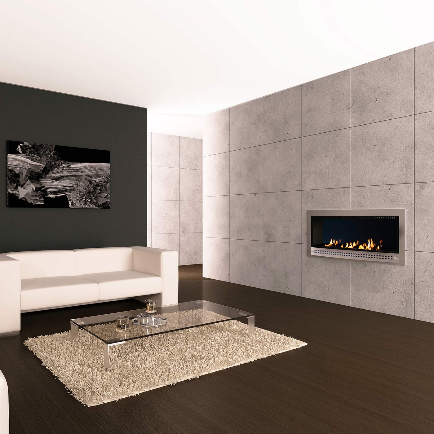 Contemporary Chad-O-Chef fireplace with stainless steel frame and modern design, featuring a sleek, minimalist look.