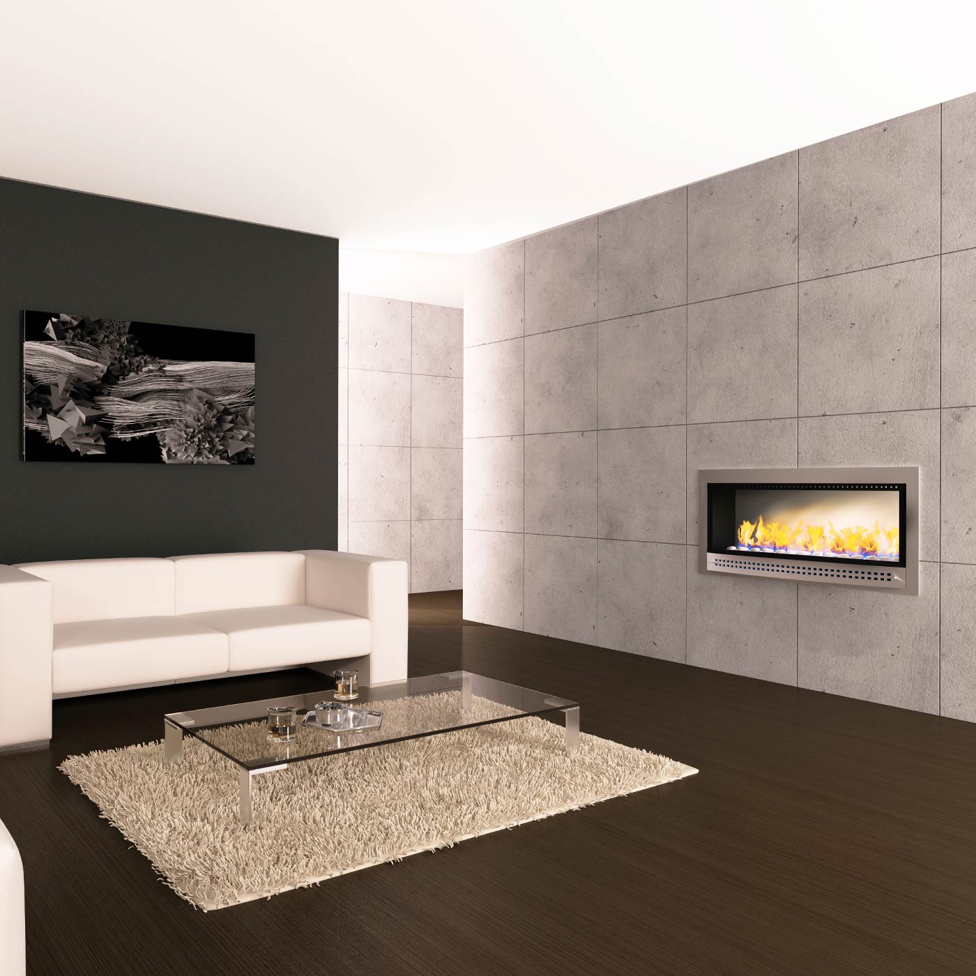 Chad-O-Chef contemporary fireplace with stainless steel frame and plain back, modern design for stylish home heating.