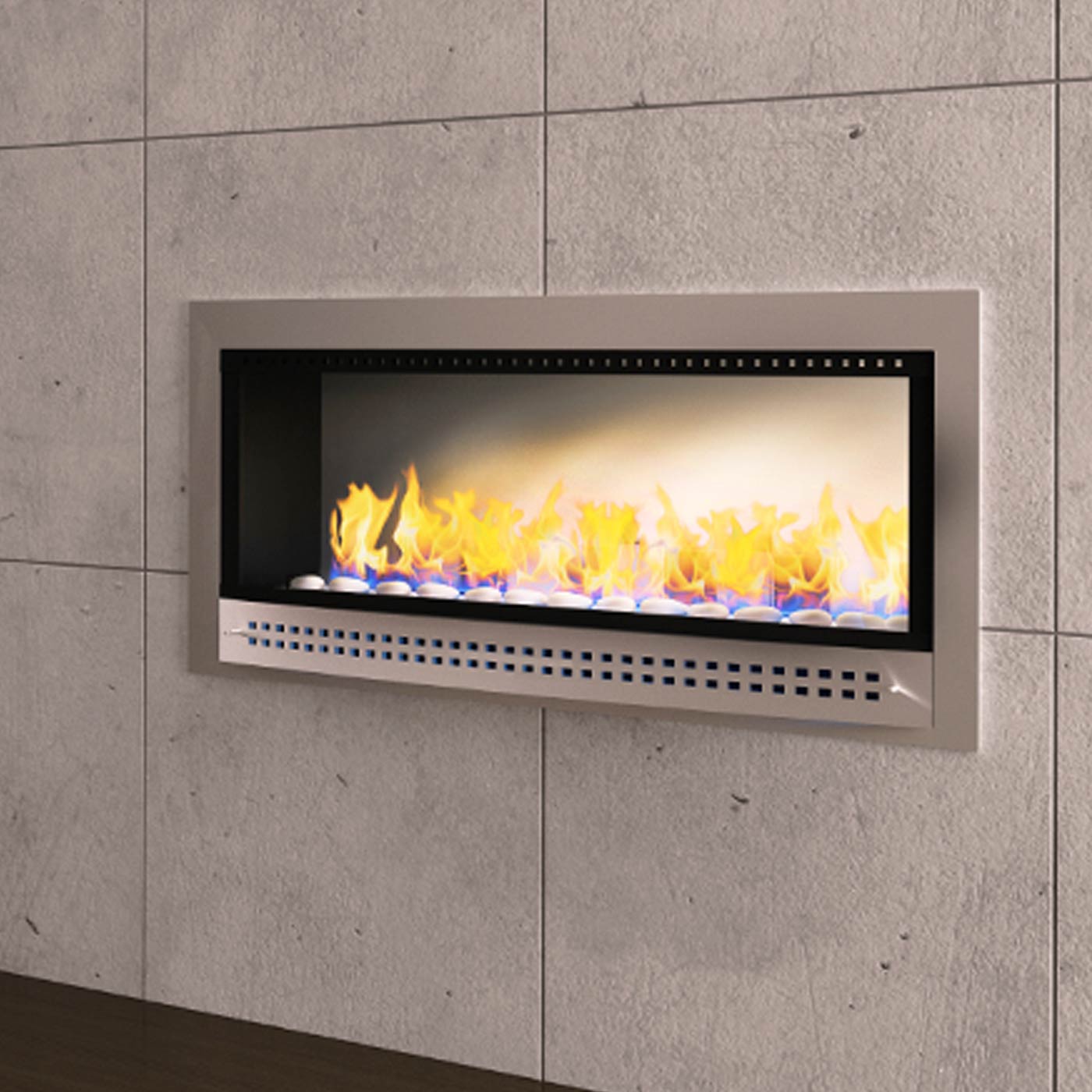 Close-up of Chad-O-Chef contemporary fireplace with stainless steel frame and plain back, showcasing modern design and sleek finish.