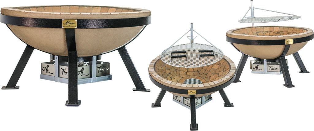 AlFresco Fire Pits by The Gas Boys featuring a fire pit with a braai grid, suitable for outdoor cooking and gatherings.