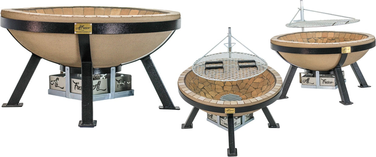 AlFresco Fire Pits by The Gas Boys featuring a fire pit with a braai grid, suitable for outdoor cooking and gatherings.