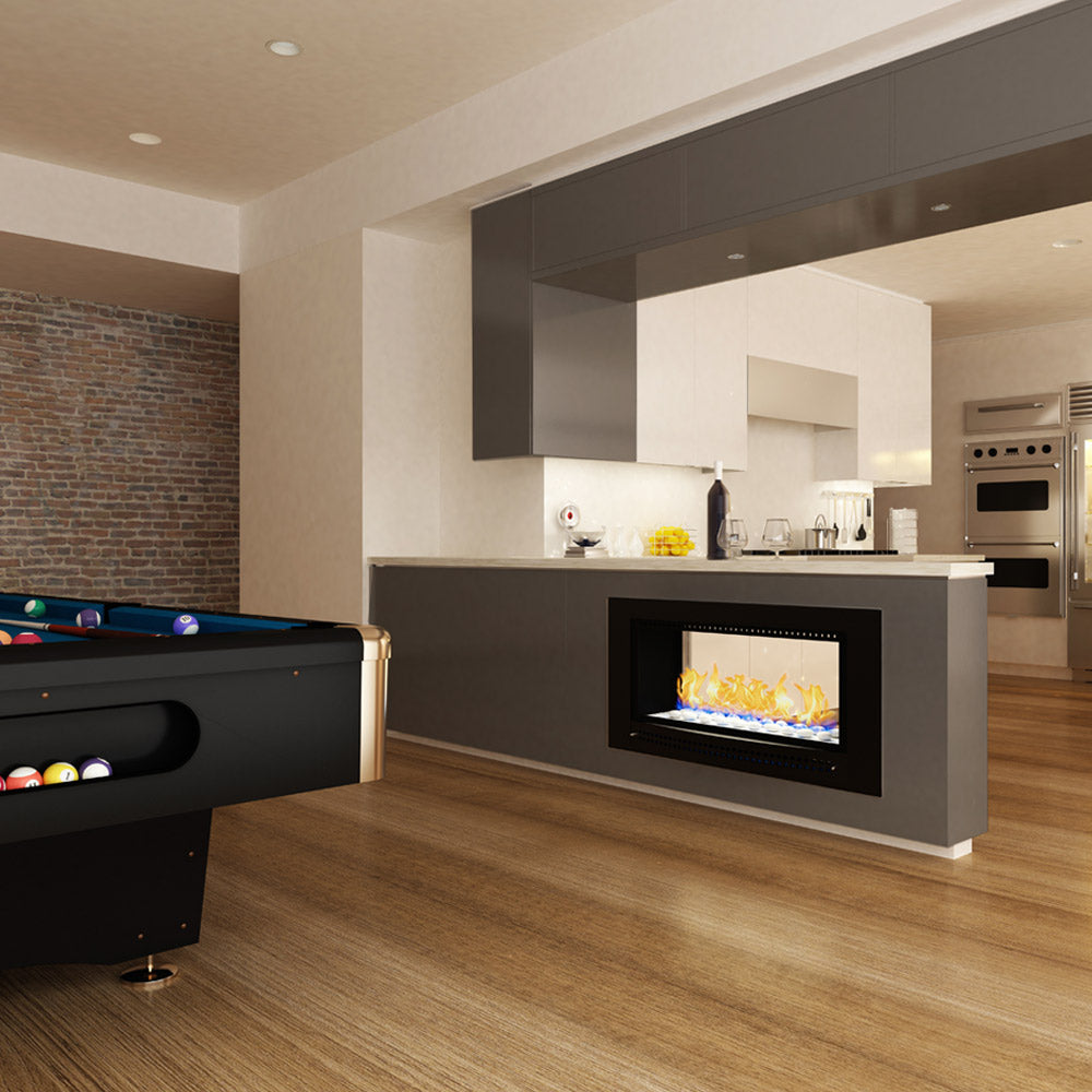 Black Chad-O-Chef double-sided fireplace showcasing modern design with visible flames in a contemporary living space.