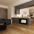 Black Chad-O-Chef double-sided fireplace showcasing modern design with visible flames in a contemporary living space.