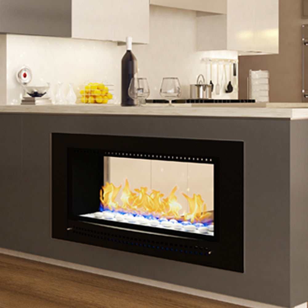 Close-up of a black Chad-O-Chef double-sided fireplace showcasing sleek design and modern fireplace features.