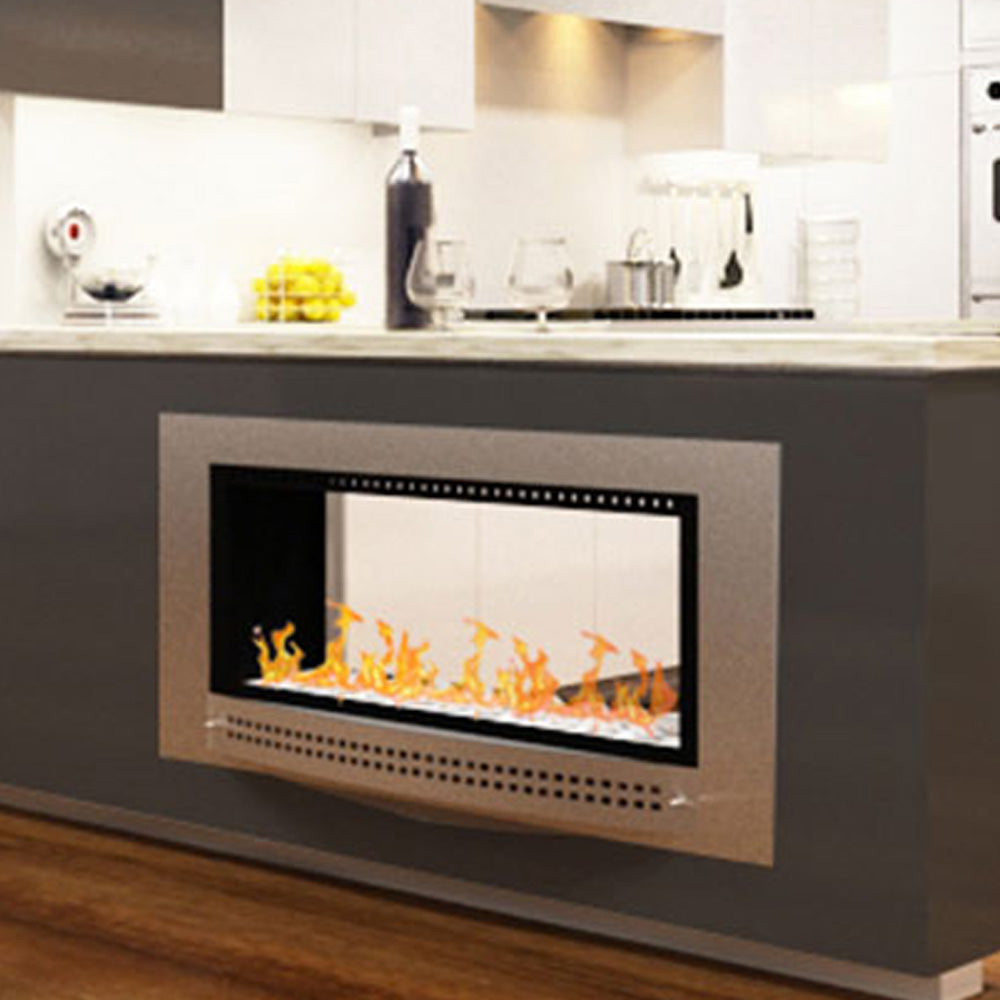 Close-up of a Chad-O-Chef double-sided fireplace showcasing modern design and glass viewing panels on both sides.
