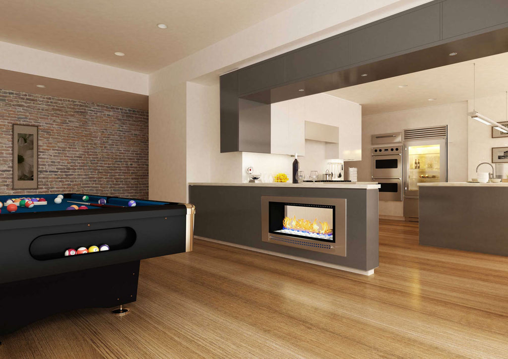 Chad-O-Chef double-sided fireplace showing modern design with visible flames and sleek black exterior in a contemporary living space.