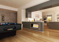 Chad-O-Chef double-sided fireplace showing modern design with visible flames and sleek black exterior in a contemporary living space.