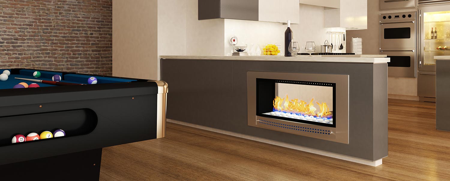 Chad-O-Chef double-sided fireplace showcasing modern living room with sleek design and cozy ambiance, view of flames from both sides.