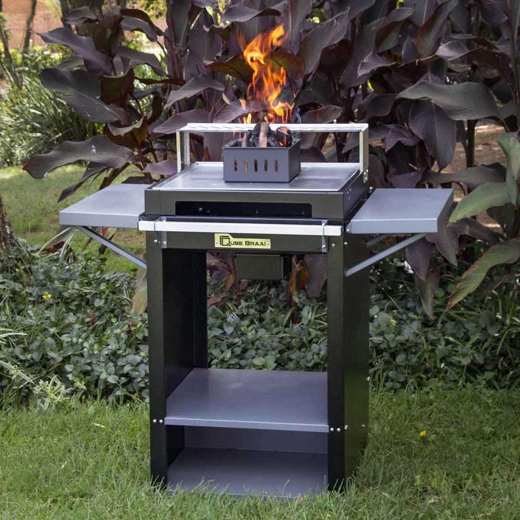 Close-up of Chad-O-Chef Qube Braai showing its sleek design and cooking surface for outdoor grilling and barbecues.