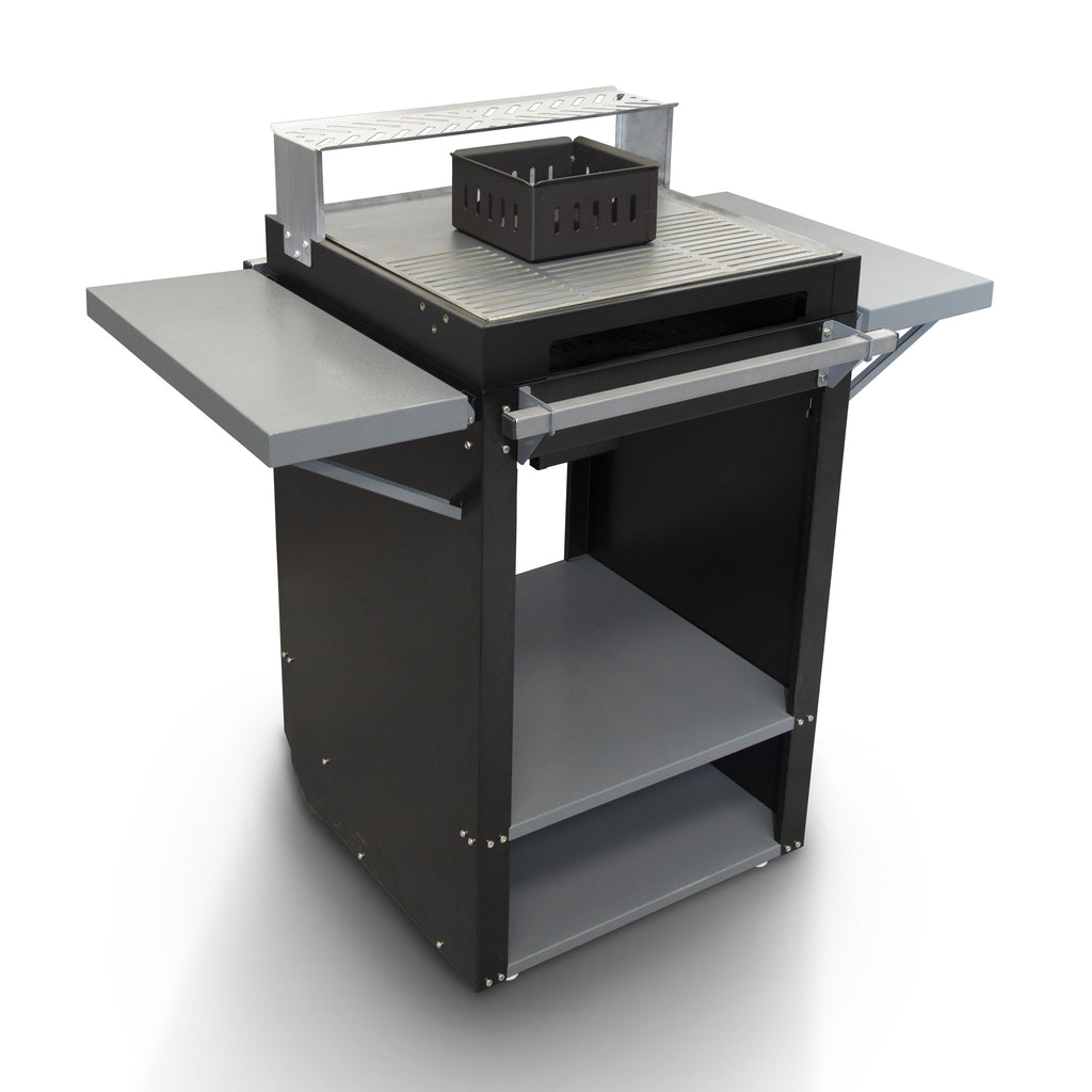 Chad-O-Chef Qube Braai with warmer tray, outdoor barbecue grill in black with stainless steel components and side shelves.
