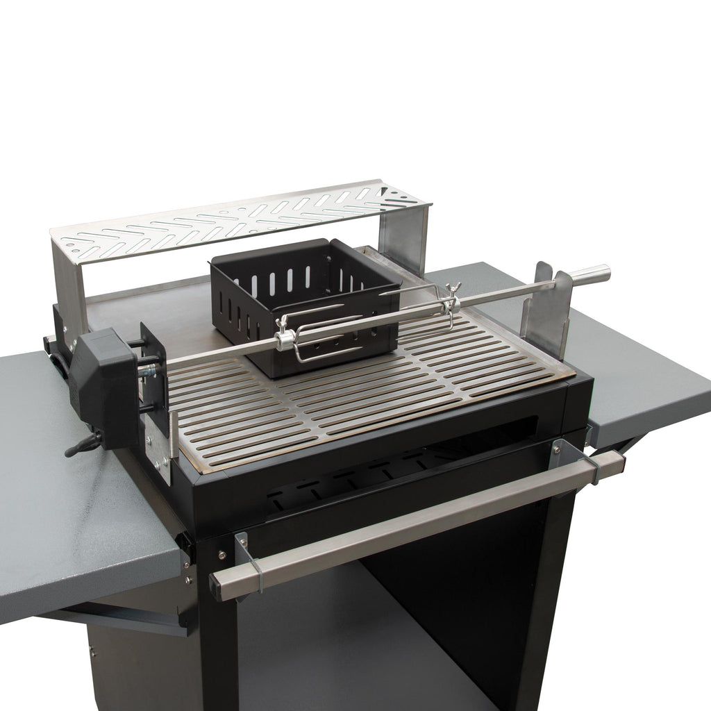 Chad-O-Chef Qube Braai with warmer tray and rotisserie, outdoor charcoal grill for versatile cooking and grilling.