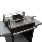 Chad-O-Chef Qube Braai with warmer tray and rotisserie, outdoor charcoal grill for versatile cooking and grilling.