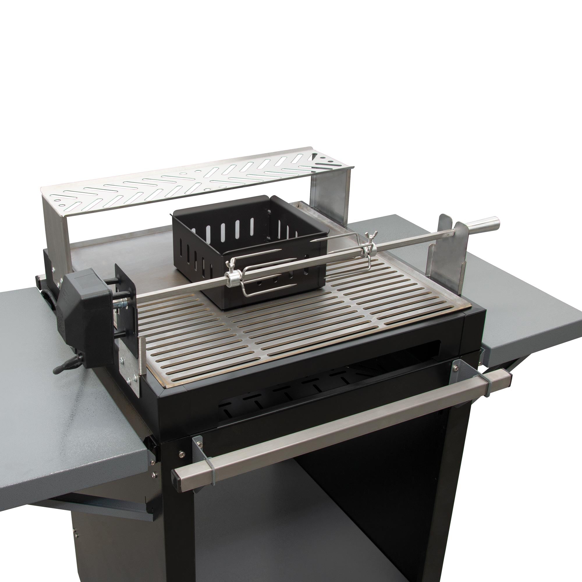 Chad-O-Chef Qube Braai with warmer tray and rotisserie, outdoor charcoal grill for versatile cooking and grilling.