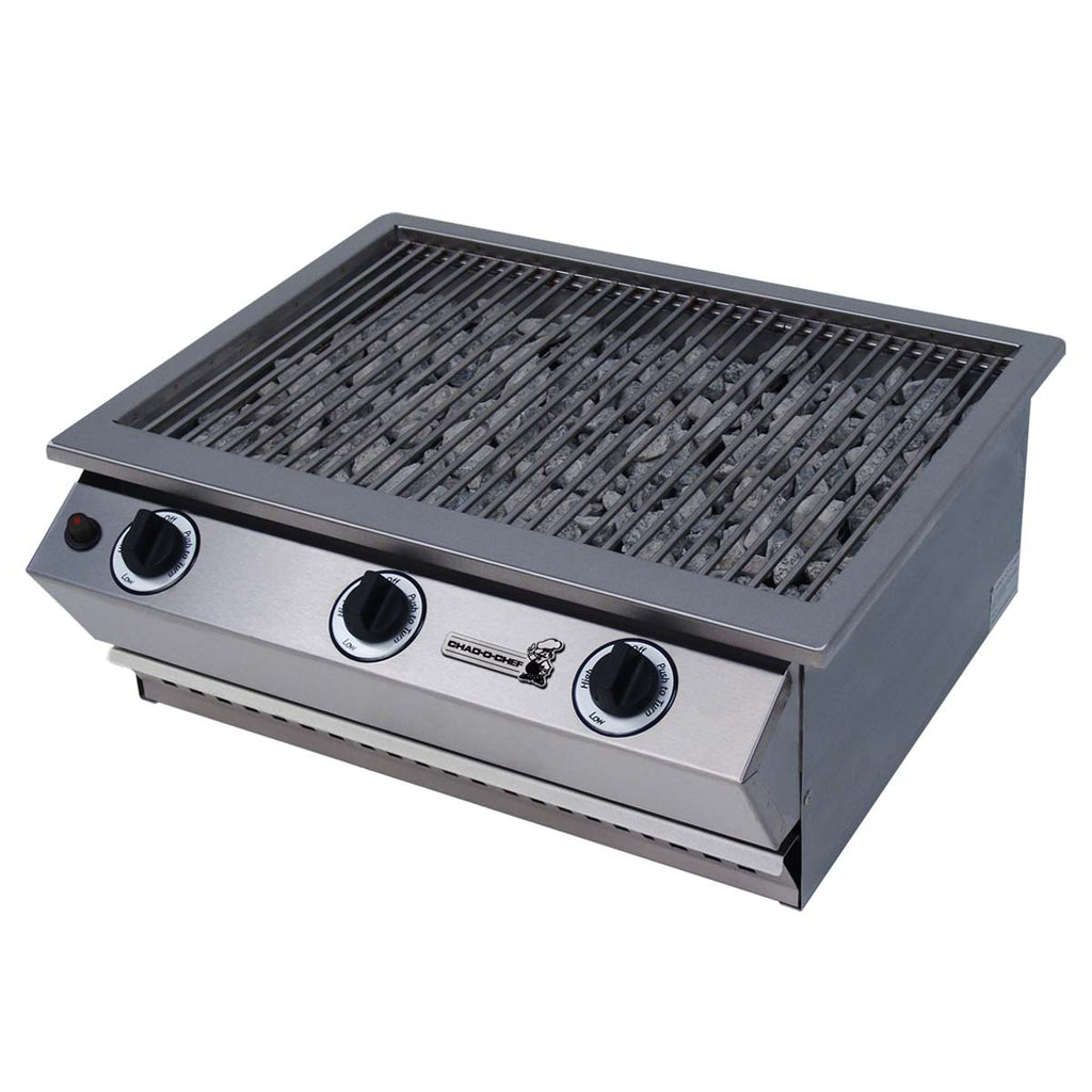 Chad-O-Chef Sizzler gas braai with stainless steel cooking surface and control knobs for outdoor grilling and barbecuing.