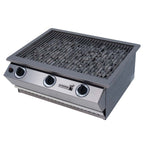 Chad-O-Chef Sizzler gas braai with stainless steel cooking surface and control knobs for outdoor grilling and barbecuing.