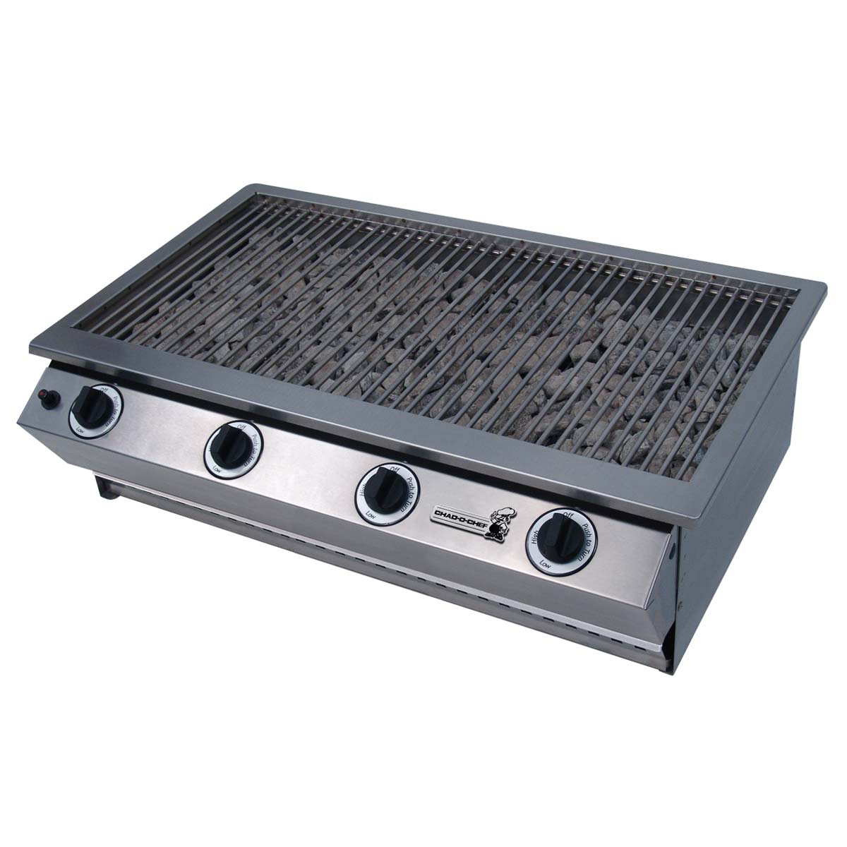 Chad-O-Chef Sizzler gas braai with stainless steel grill and side shelves, perfect for outdoor cooking and grilling.