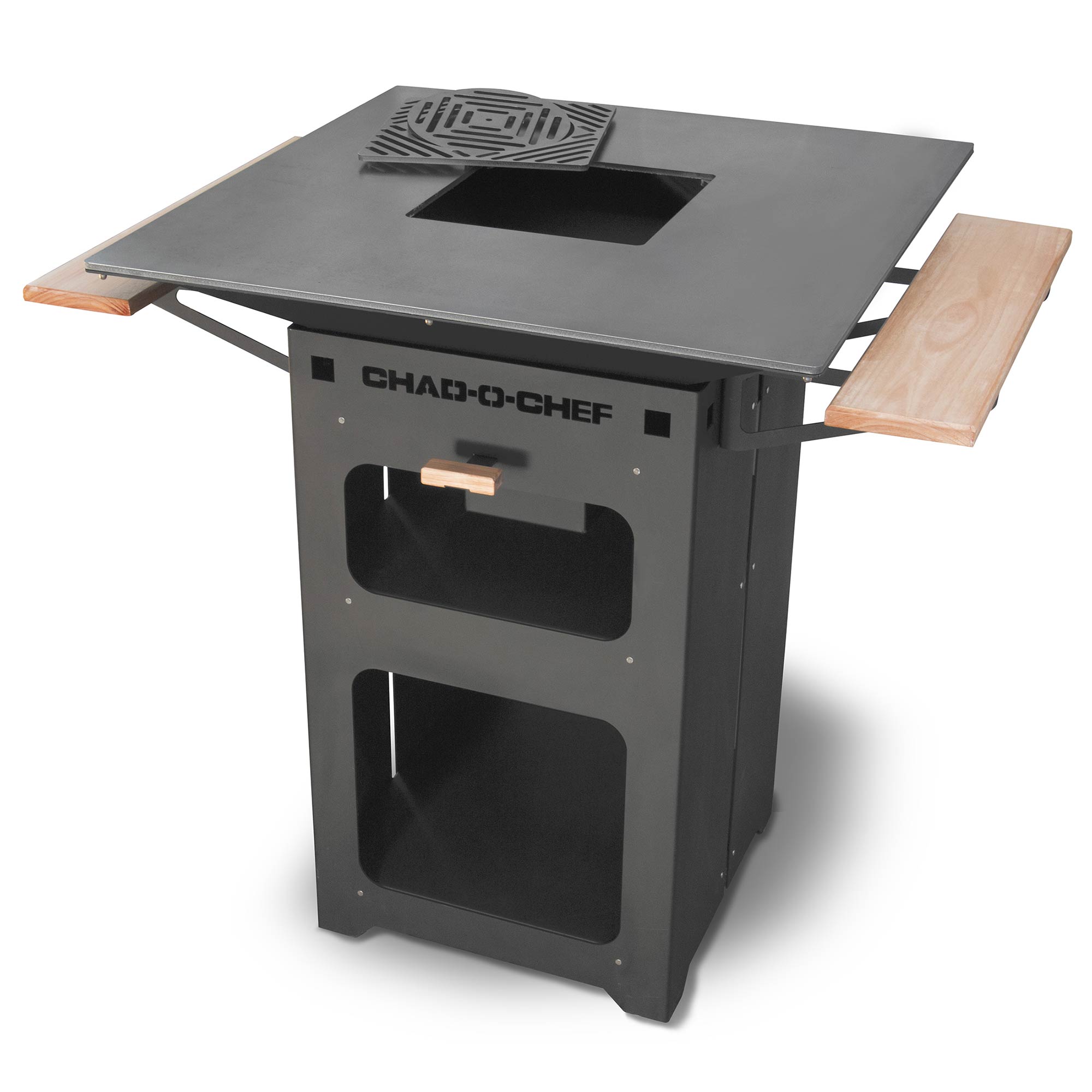 Chad-O-Chef Boma woodfire braai in black, outdoor cooking grill with sturdy metal construction and spacious grilling surface