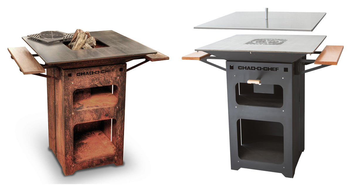 Chad-O-Chef Boma woodfire braai in black corten with open cooking grate and sturdy metal construction for outdoor grilling.