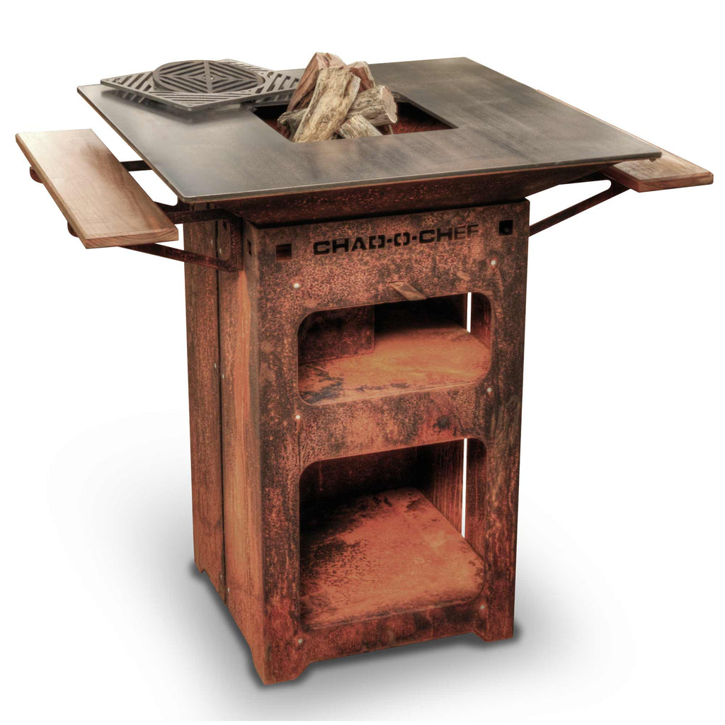 Chad-O-Chef Boma woodfire braai with corten steel exterior, showcasing a traditional outdoor barbecue grill design.