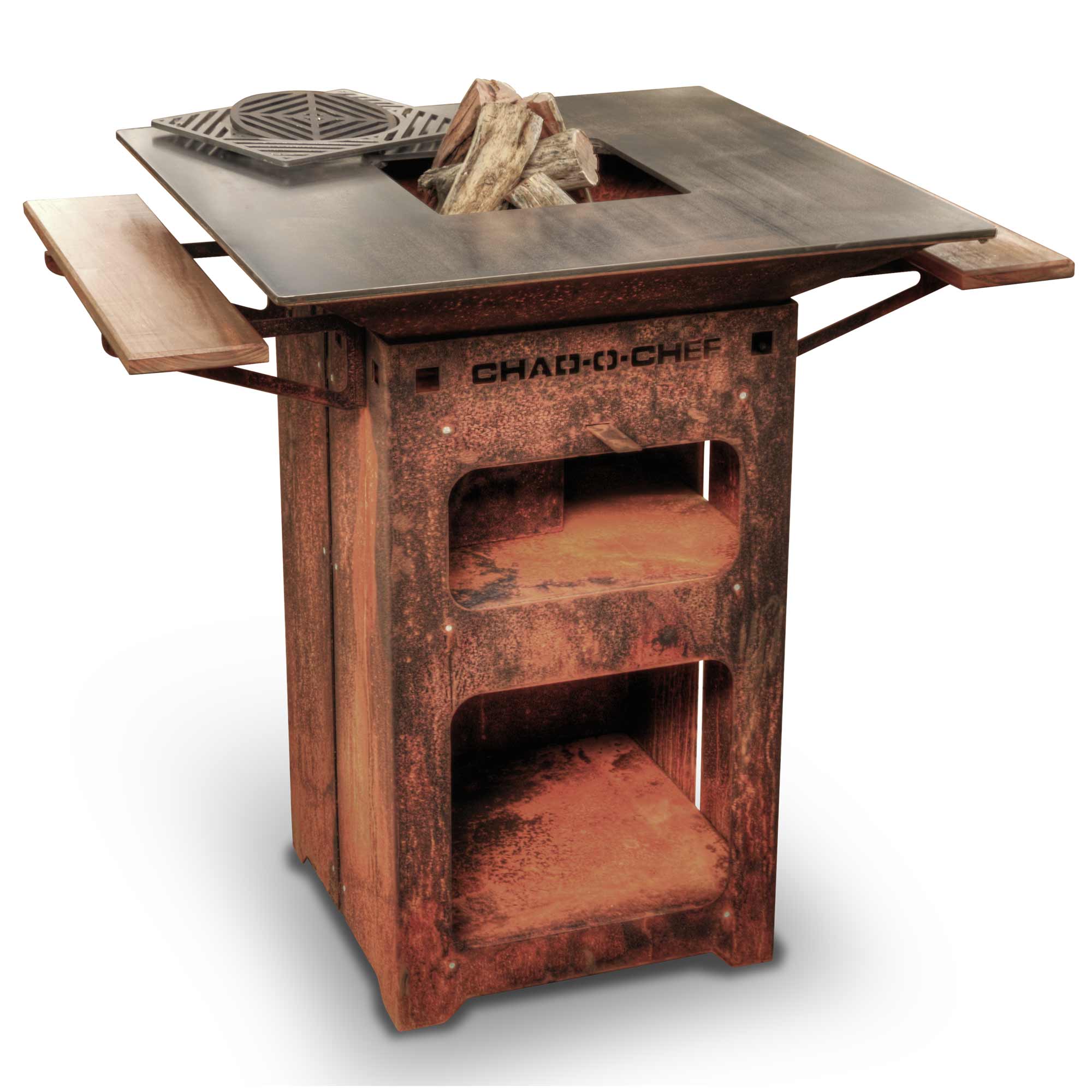 Chad-O-Chef Boma woodfire braai with corten steel exterior, showcasing a traditional outdoor barbecue grill design.