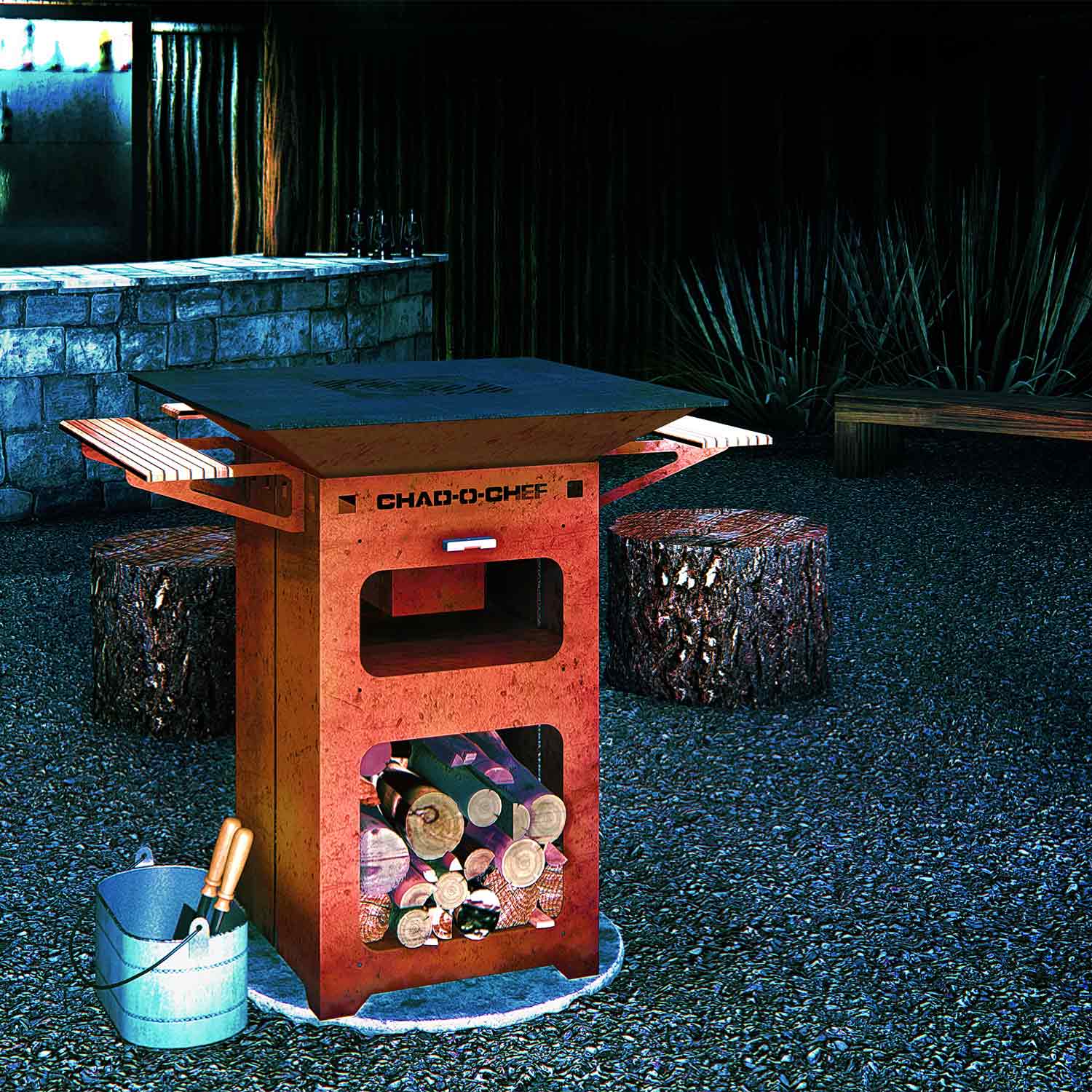Chad-O-Chef Boma woodfire braai with outdoor cooking setup featuring a spacious grill and cozy outdoor patio.