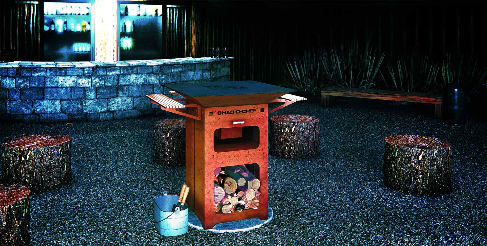 Chad-O-Chef Boma woodfire braai with sturdy metal construction and spacious grilling area, set outdoors for outdoor cooking and grilling.