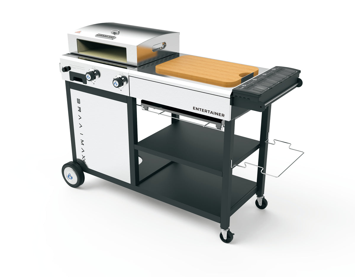 Cadac Braaimaaxx entertainer gas braai with four burners, stainless steel finish, and side shelves for outdoor cooking.