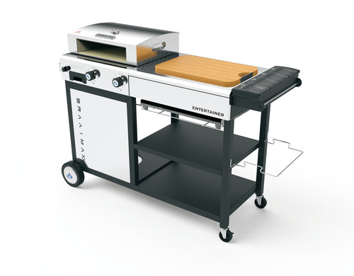 Cadac Braaimaaxx entertainer gas braai with four burners, stainless steel finish, and side shelves for outdoor cooking.