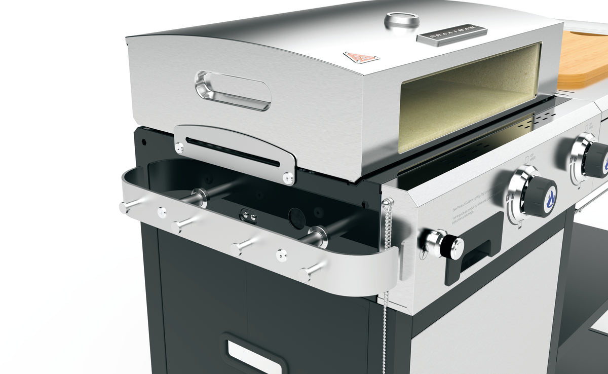 Cadac Braaimaxx entertainer gas braai with side shelves and cooking area, LPGSA approved for outdoor grilling.
