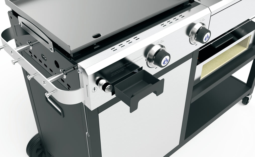 Cadac Braaimaxx entertainer braai with stainless steel surface and cooking grid, LPGSA approved for outdoor grilling.