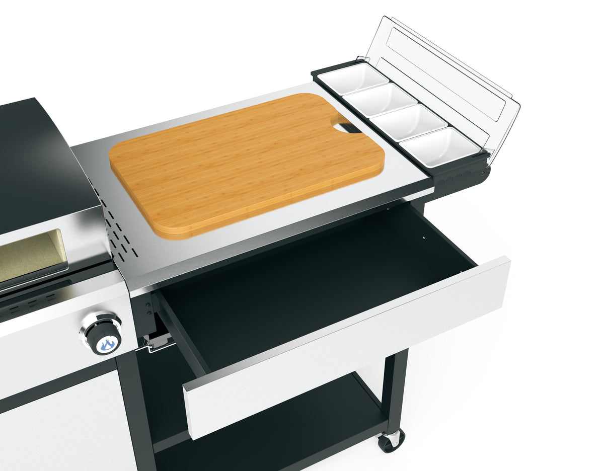 Cadac Braaimaxx entertainer gas braai with side shelves, stainless steel finish, and LPGSA approval for outdoor grilling.