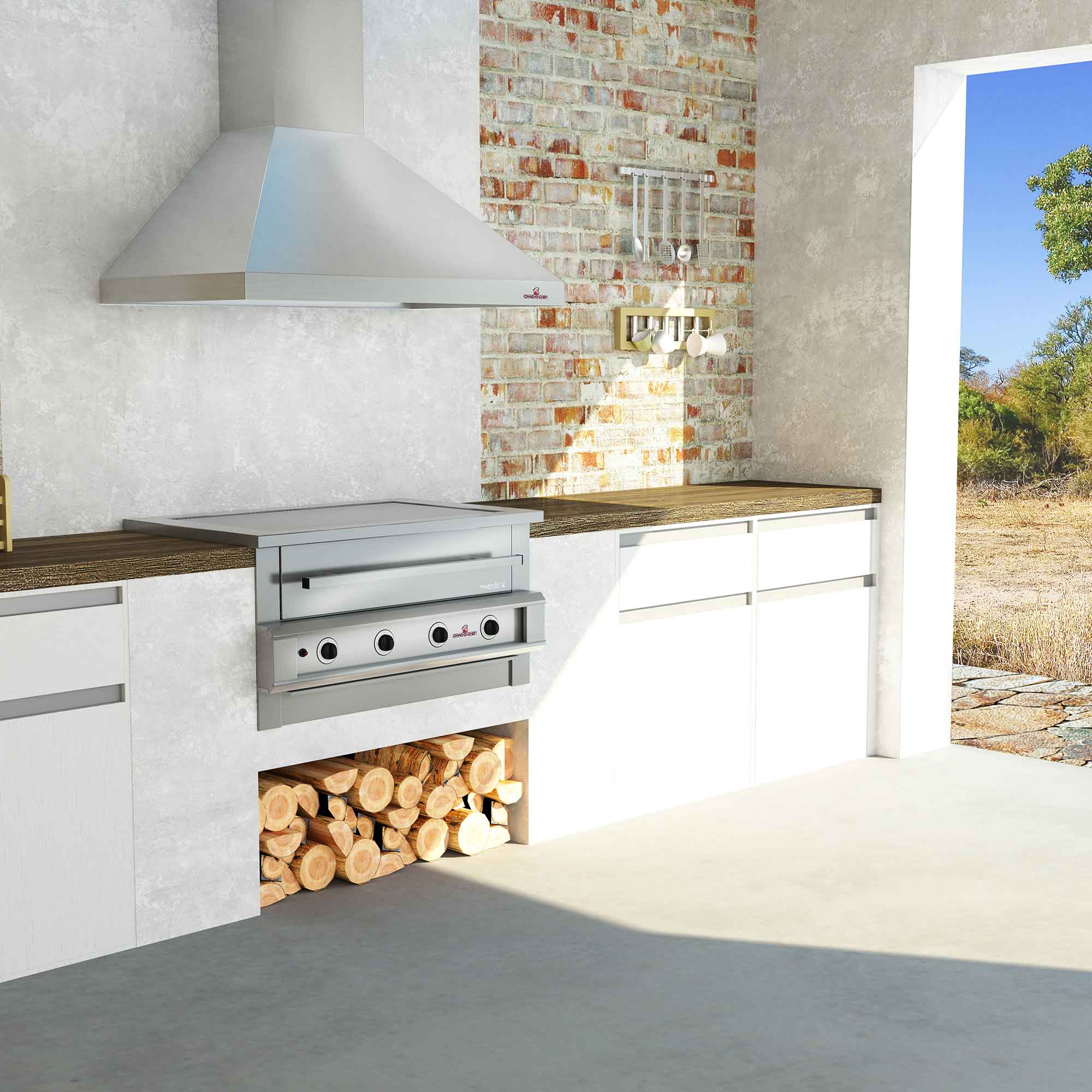 Chad-O-Chef hybrid braai outdoor cooking grill with stainless steel design and versatile grilling setup in a backyard setting.