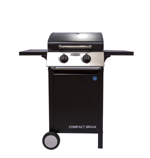 LPGSA approved 2 burner compact gas stove from My Store, with black metal burners and control knobs for efficient cooking.