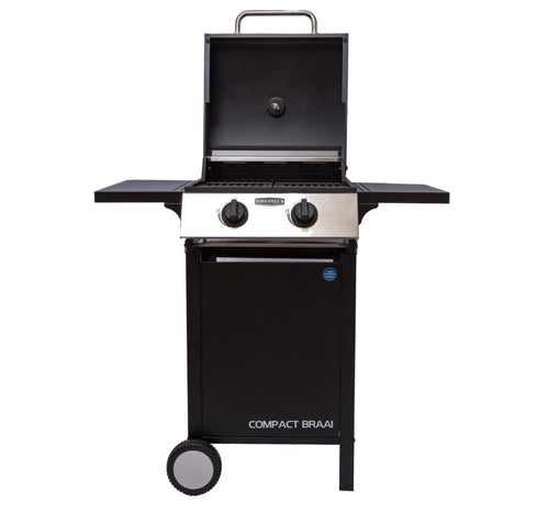LPGSA approved 2-burner compact gas stove from My Store, with black metal burners and control knobs for efficient cooking.